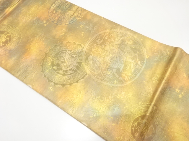 乗馬に花鳥模様織り出し　袋帯